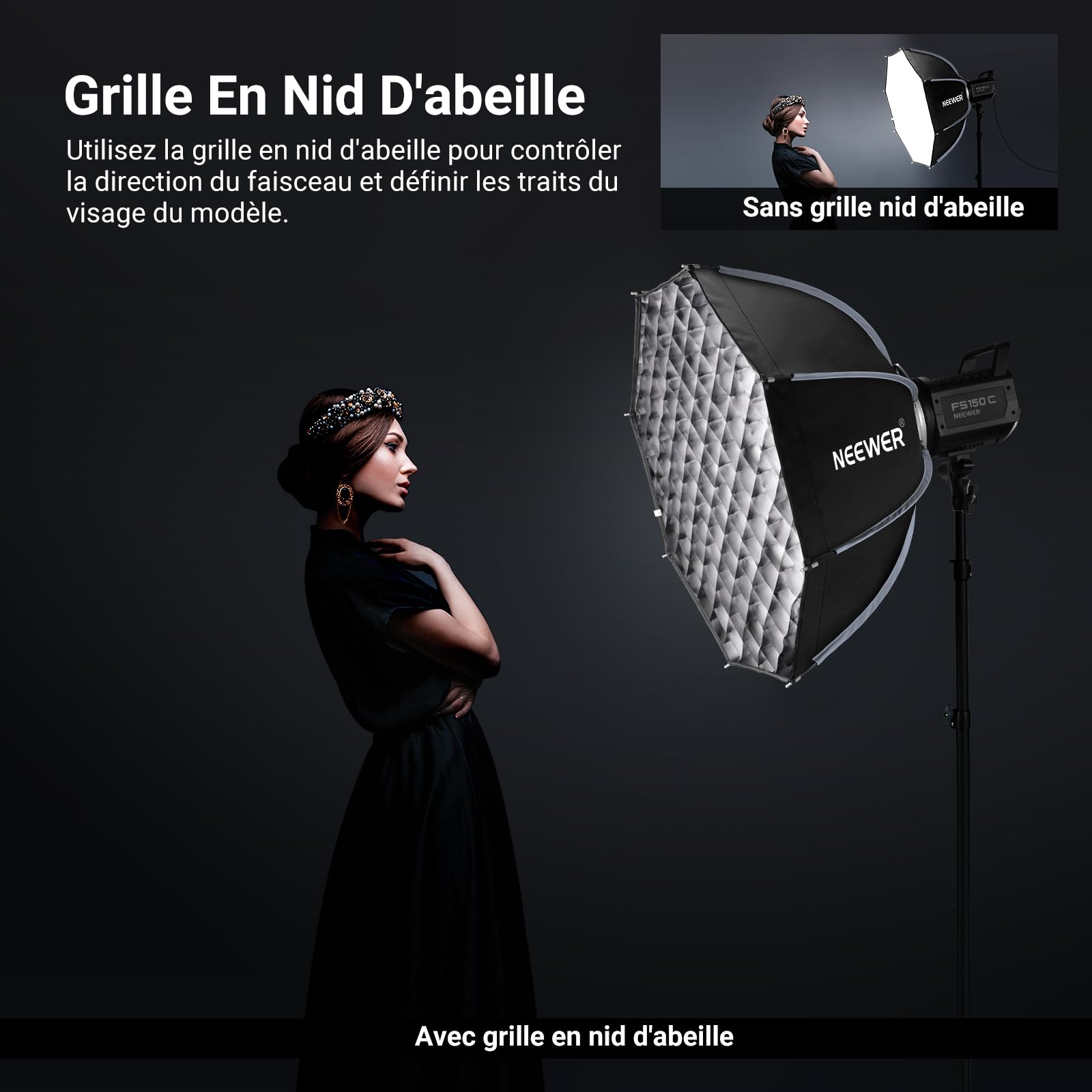 NEEWER Basics Softbox Parabolique,25,6" Monture Bowens, Diffuseurs/Grille/Sac Inclus, Compatible avec Aputure 150c, Compatible avec Godox SL60w NEEWER FS300C FS230C FS150B HB80C CB200C Q6 Q300, NS63P