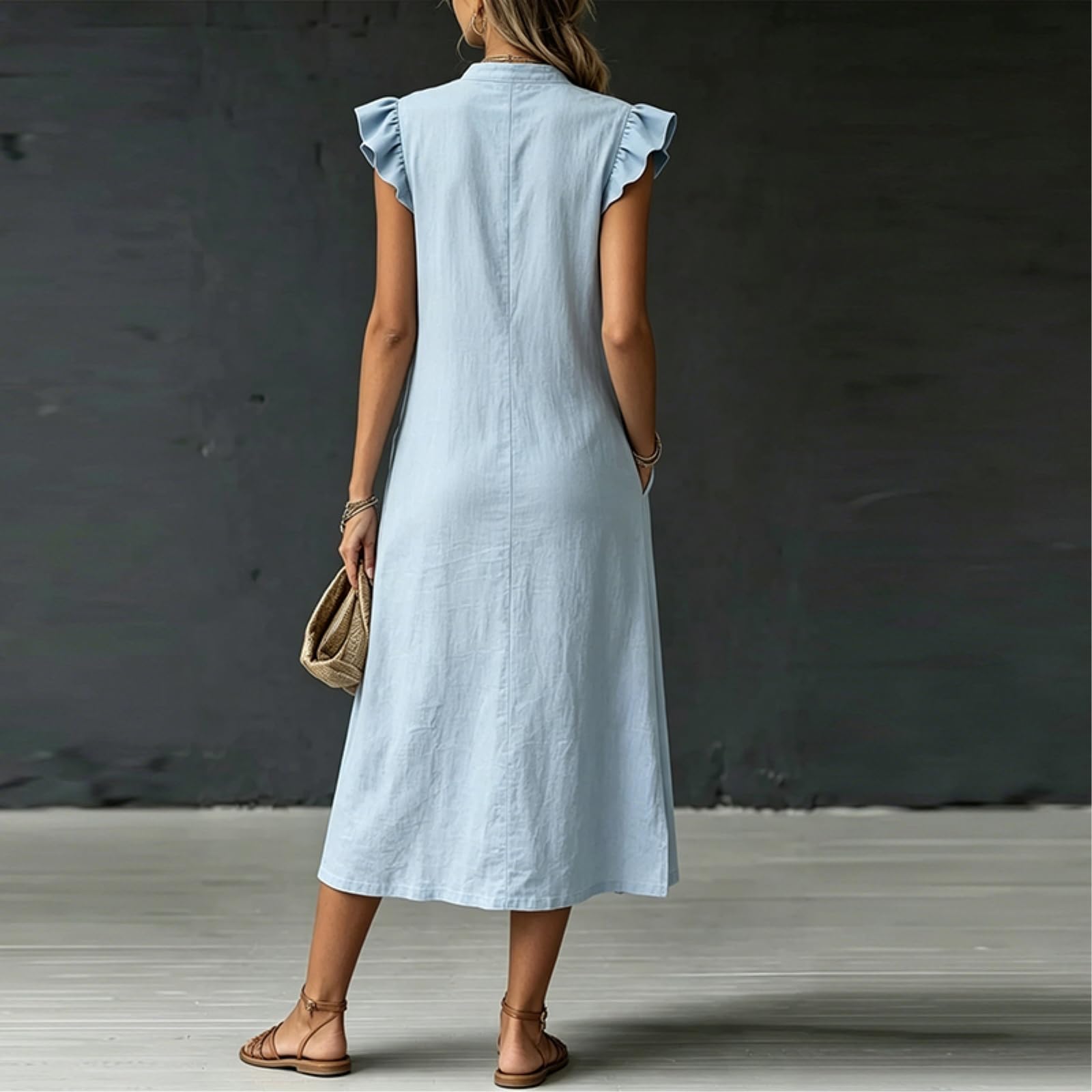 Abito Donna Cotone Biancheria Midi Stand Collare Ruffle Manica Sciolto Abito, Pulsante Anteriore Tasche Laterali Abito-Pink-m