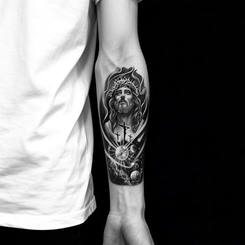 Miniatura 5 de 2 hojas de tatuajes temporales realistas de animales, diseño de Jesús Dios, cruz, planeta espacial, para hombres, impermeables, piernas de brazo