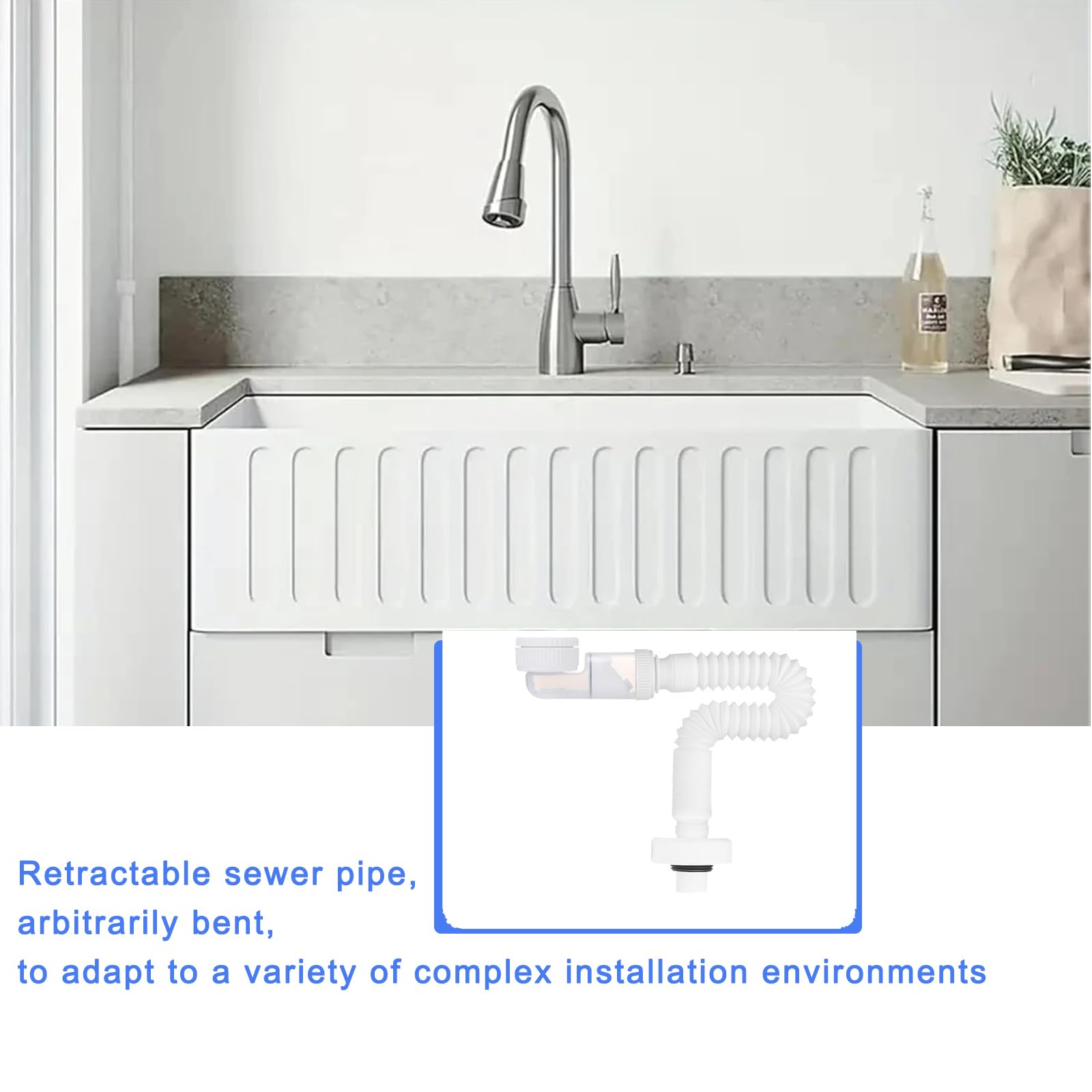 Sifone da 1 1/4 Pollici, Sifone Salvaspazio Regolabile Tubo Lavandino Bagno Scarico Lavandino Cucina Tubo Scarico Sostituibile con sifone Antiodore sifone Flessibile Inodore per Lavello della Cucina