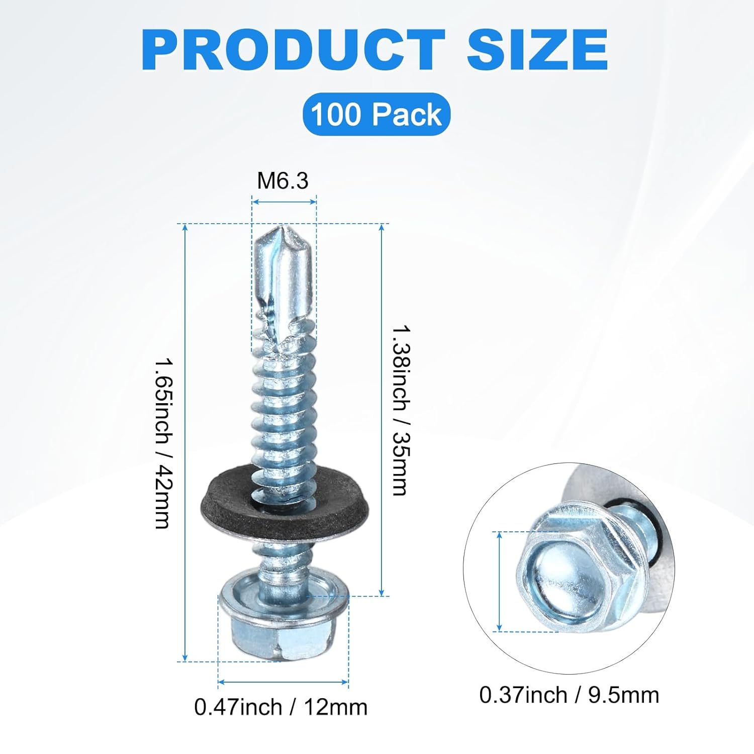 M METERXITY 100-Pack Self Drilling Screws with Rubber Washer #14 x 1-3/8" Zinc Plated Carbon Steel Hex Head Self-Tapping Screws for Metal Roofing/Siding Panels/Steel Structures [ 42mm Length]