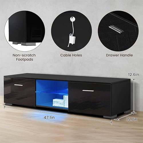 Miniatura 3 de SAWQF - Mesas de TV LED para sala de estar 57 pulgadas soporte de mueble de TV con 2 cajones y estantes de cristal