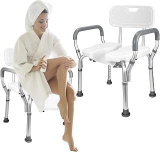 Shower Chair with Back and Arms, Slip Resistant Bath Chair with Adjustable Height, U-Shape Groove Cutout for Private Cleaning, for Handicap, Disabled, Seniors & Elderly