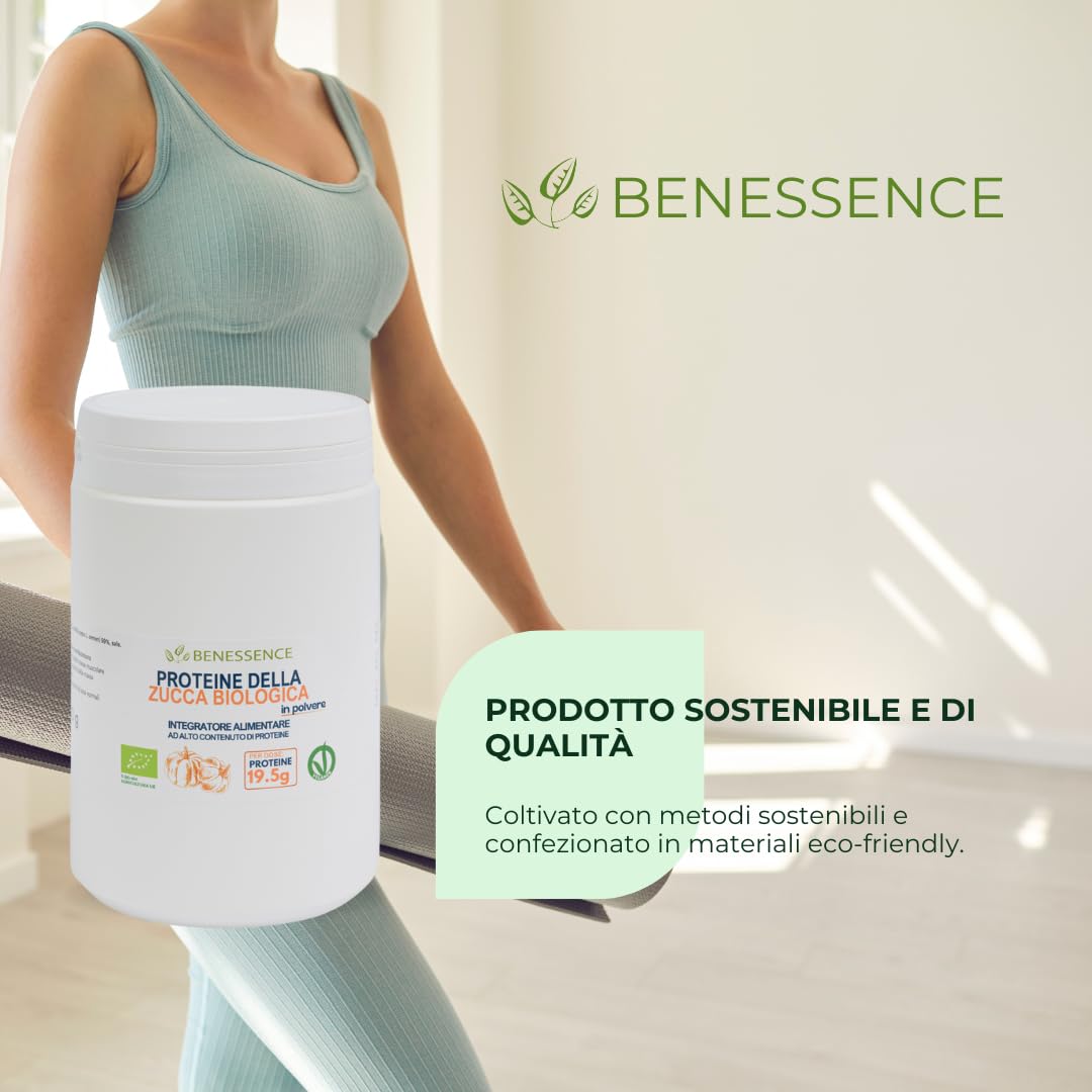 Benessence - Proteine vegetali della Zucca Biologica in Polvere - 2x500g - con il 60% di proteine per il benessere dei muscoli e delle ossa