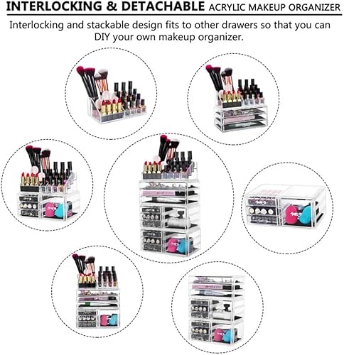 Miniatura 5 de Paquete de 4 organizadores de maquillaje de acrílico con 11 cajones, organizador de cosméticos transparente y apilable para lápiz labial, joyas y