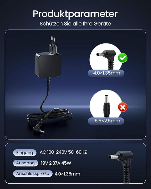 DINTYOU 45W Laptop Töltő 19V 2.37A 4.0x1.35mm - ASUS ZenBook UX305 UX330UA VivoBook Ultrabook Kompatibilis Adapter Túlfeszültség Védelemmel