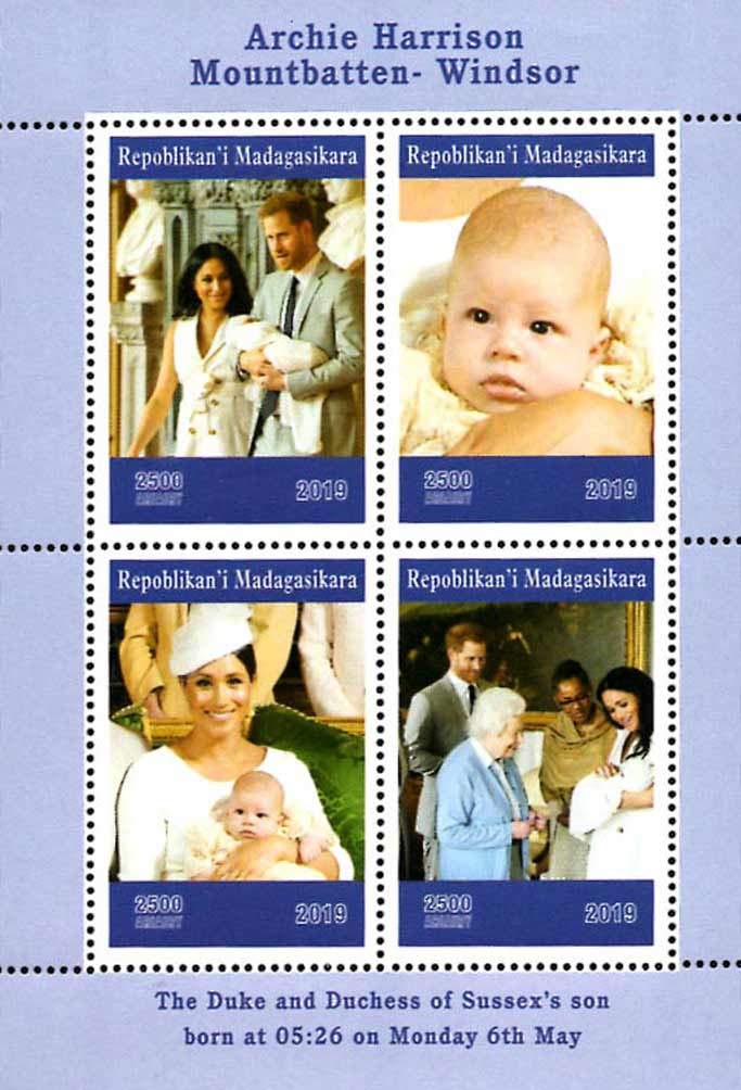 Stamps-Hobby: Madagascar 2019 Mountbatten Windsor Prince Archie Royal Baby Harry | 4v Mint Thematic Stamps (1 Souvenir Sheet)