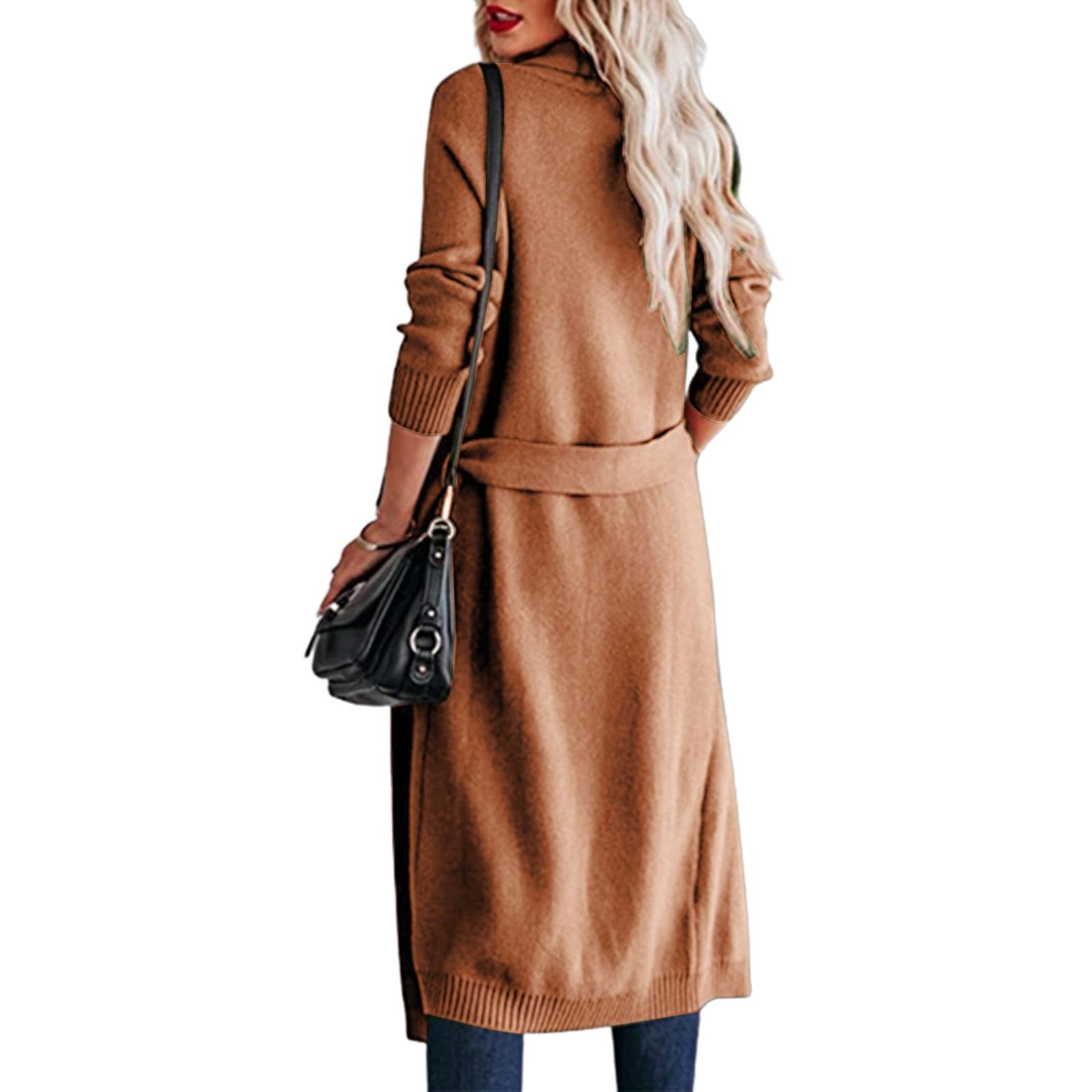 Cárdigan para mujer, cárdigan largo de punto con cinturón, cuello en V, manga larga, informal, cómodo, elegante, con frente abierto, cómodo, abrigo de punto