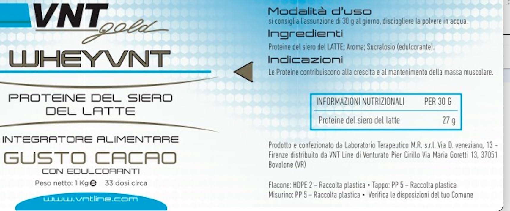 VNT LINE Whey Protein, Proteine del Siero del Latte, Gusto Cacao, 1 kg (Cioccolato)