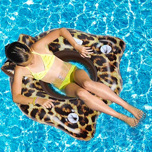 Inflatable Pool Floats For Adults, Heavy Duty River Tube Float With 2 Cup Holders And Backrest, Quickly Inflate Lake Water Tubes For Floating River Raft Lounge Floatie, Cheetah #TOP2