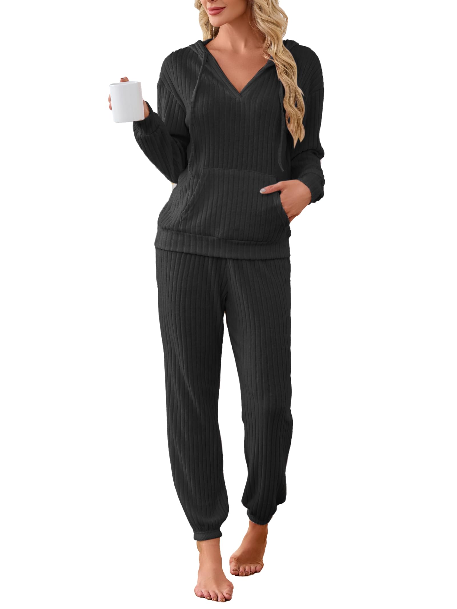Famulily 2 Pieces Ribbed Knit Outfits Drawstring Hoodies Jogger Pants Matching Pajama Sets with Pockets