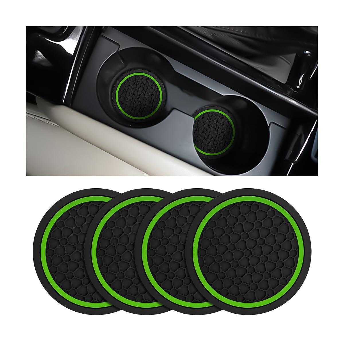 Mandark 4PCS Car Cup Holder Coasters, 2.75 Inch Non-Slip Insert Water Bottle Holder Pads, Dustproof Automotive Interior Accessories Mat, Universal for Vehicles, Trucks, RVs and More (Black/Green)