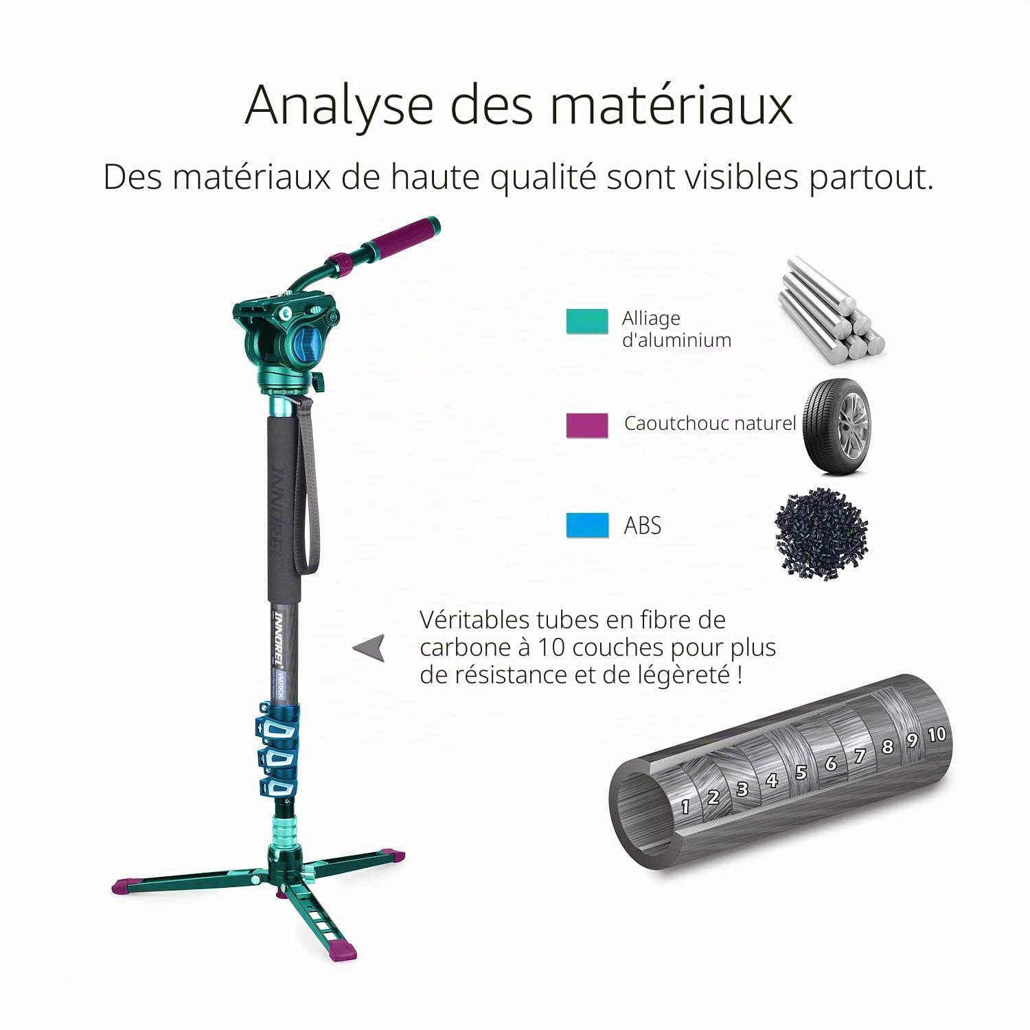 INNOREL VM70CK Monopode en Fibre de Carbone pour Caméra Télescopique avec Tête Fluide et Base Tripode Pliable