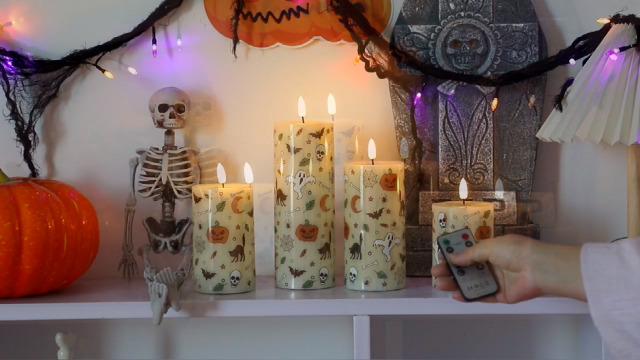 Image of Lezonic Black Flameless Candles with Remote, LED Battery Operated Flickering with Timer, 4 Pack Glossy Wax Drips Design Real Wax Pillar for Halloween Decor, Centerpiece, Birthday Gifts (4 /5 /6 /8 Inch)