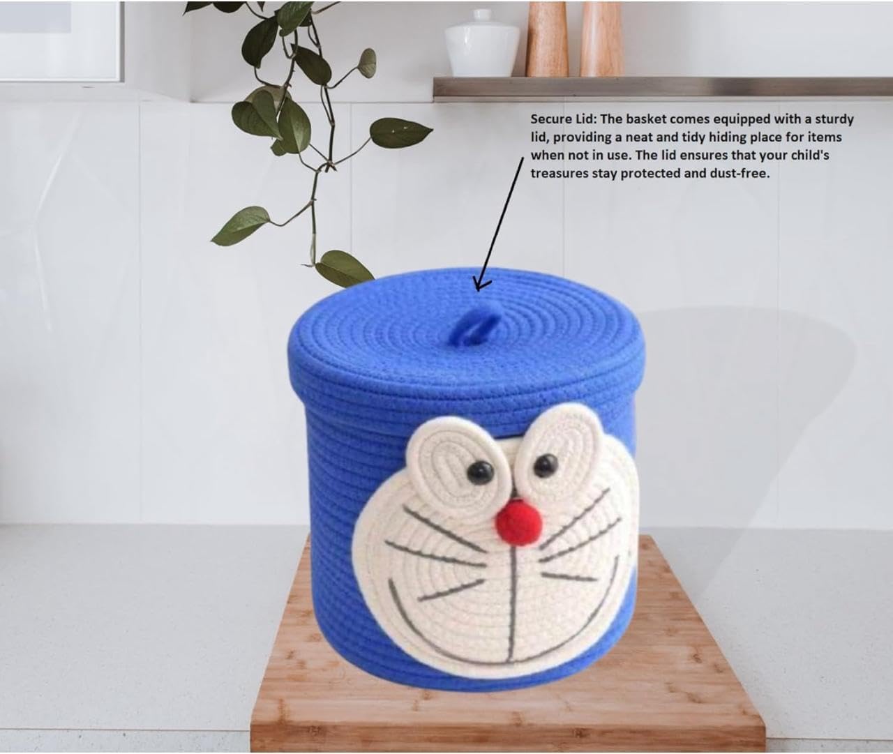 JK Enterprises Woven Cotton Rope Round Jute Basket Bin Storage Organizer With Lid for Home, Kitchen, Baby, Laundry Hamper, Toys, Clothes (Doreamon, 10+10), Multicolor, 25 X 20 X 5 cm