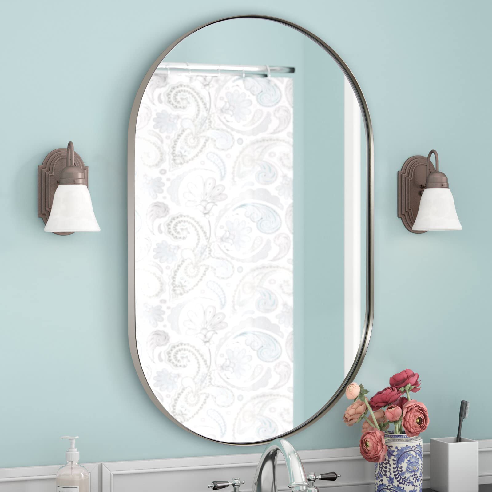 ANDY STAR Chrome Bathroom Mirror, 26x38’’ Oval Mirrors for Bathroom, Polished Nickel Mirror, Pill Shaped Mirror Chrome Metal Framed, SUS304 Anti-Rust, 1’’ Deep Wall-Mounted Vertically/Horizontally