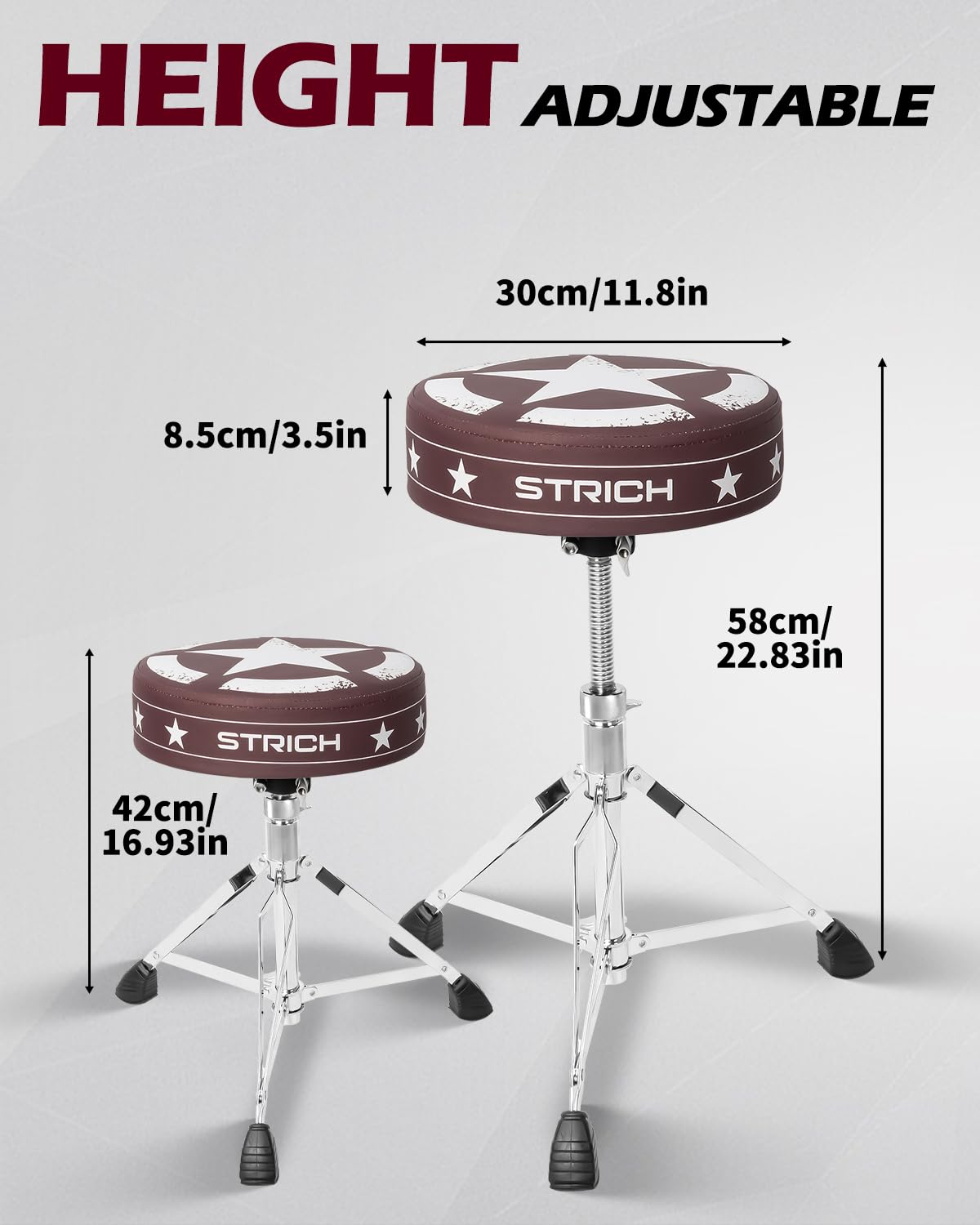 STRICH Sgabello per batteria, seduta imbottita regolabile in altezza, sedia girevole per batteria resistente, sgabello imbottito con doppio rinforzo e bacchette 5A, SDB-20P, Marrone