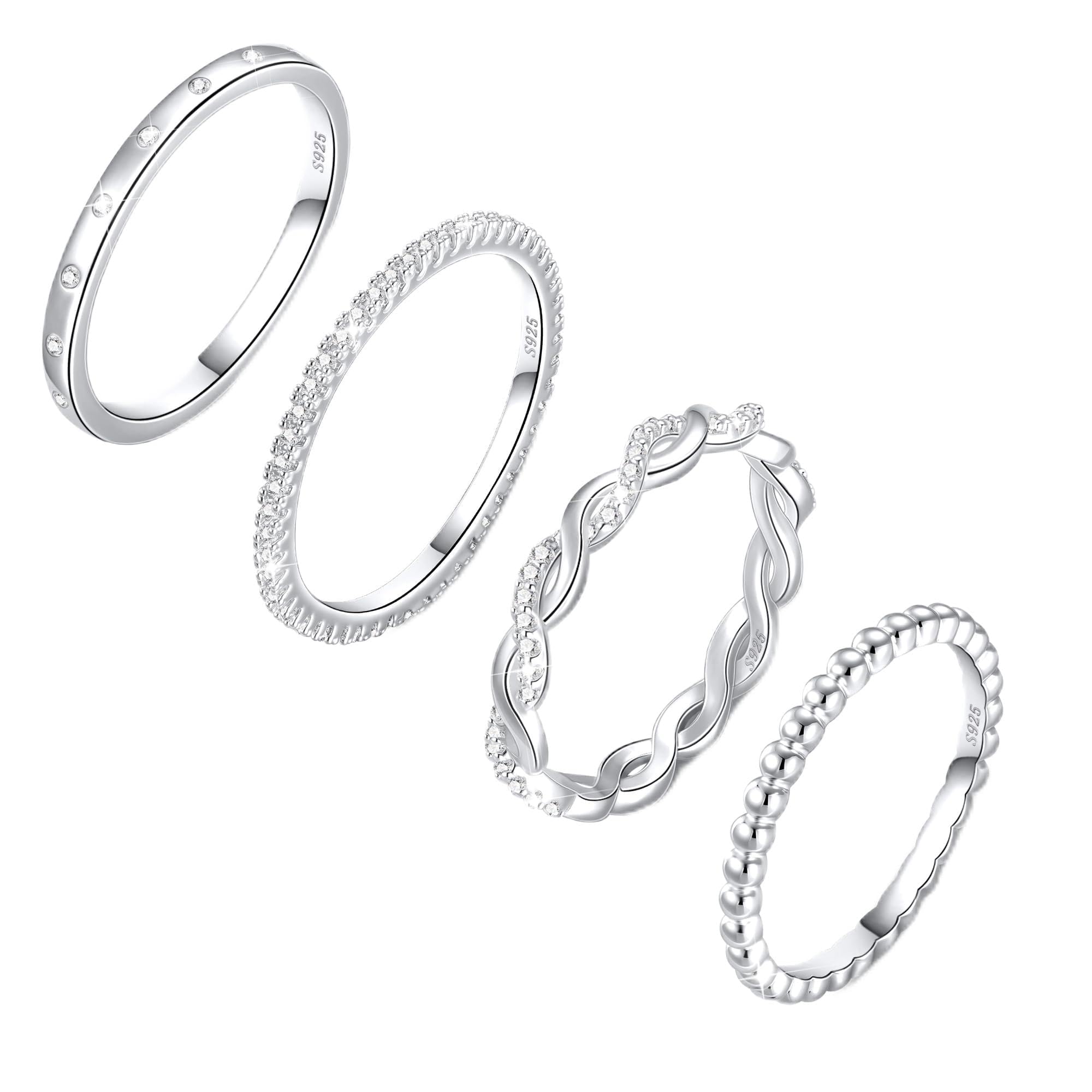 Sterling Silver Ring for Women, 4PCS Thin Stackable Rings Cubic Zirconia Thumb Ring Set Engagement Statement Wedding Bands for Women Size 5-10