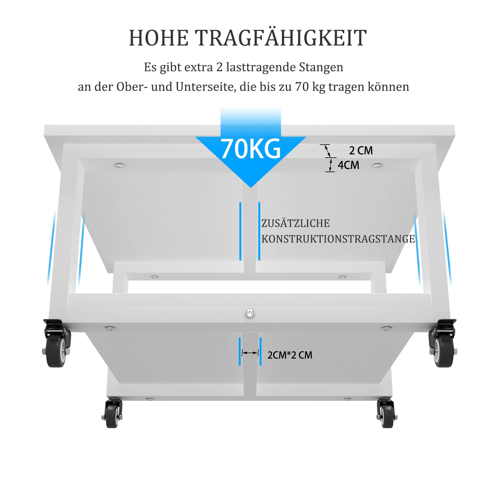 PUNCIA 2-Ebenen Druckertisch mit Rollen 50 x 50 x 30 cm Druckerständer | Druckerwagen mobiles Aufbewahrungsregal aus Holz & Metall bis zu 70 kg belastbar für Büro Zuhause Office Schule Weiß