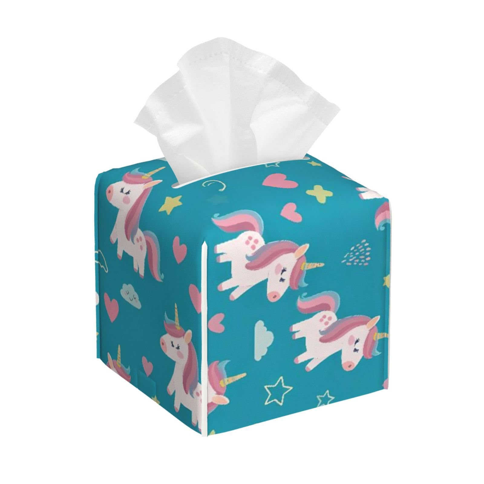 Cute Unicorns Cloud Leather Tissue Box Cover Holder Square Facial Paper Organizer 5.2" X 5.2" X 5.2"