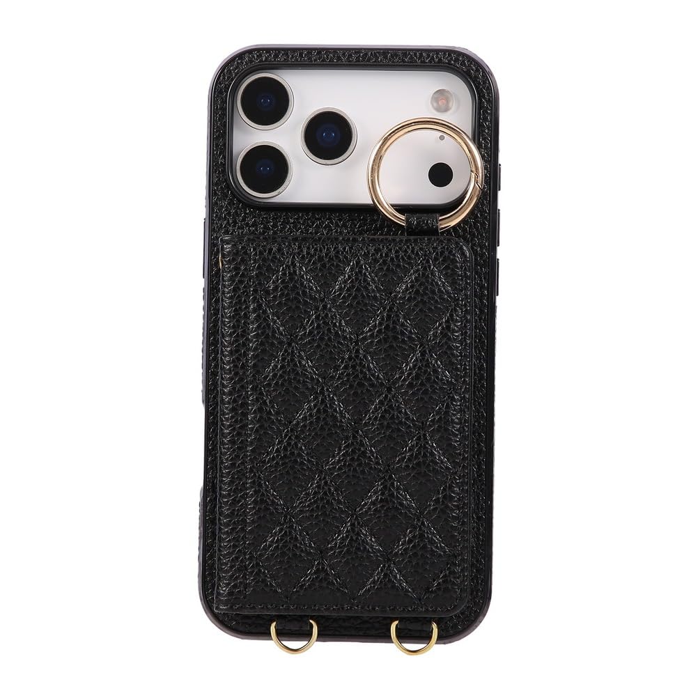 Etui na karty dla iPhone 17 Pro Max/17 Pro/Air/17, etui z diamentem dla kobiet z zawieszką pierścienia, skórzane etui na telefon komórkowy, czarny, Air