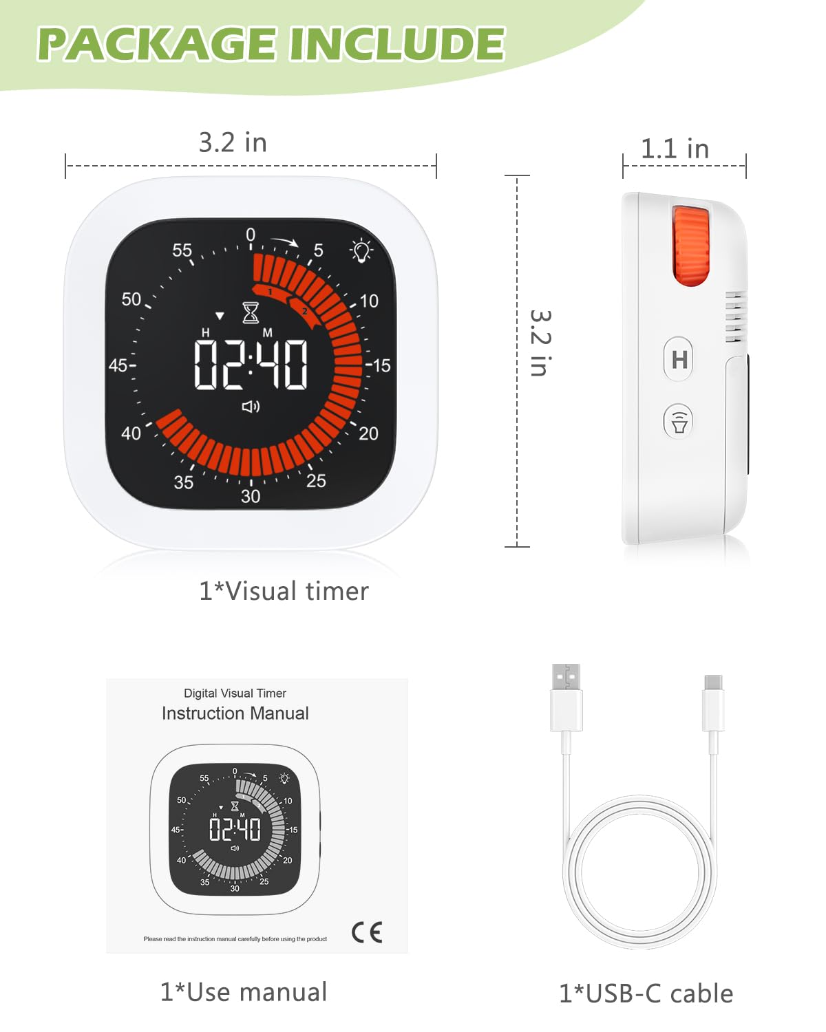 KeeKit Temporizador visual digital, temporizador de cuenta regresiva recargable con volumen y brillo ajustables, parte trasera magnética para cocina, gimnasio, estudio, temporizador para niños, para