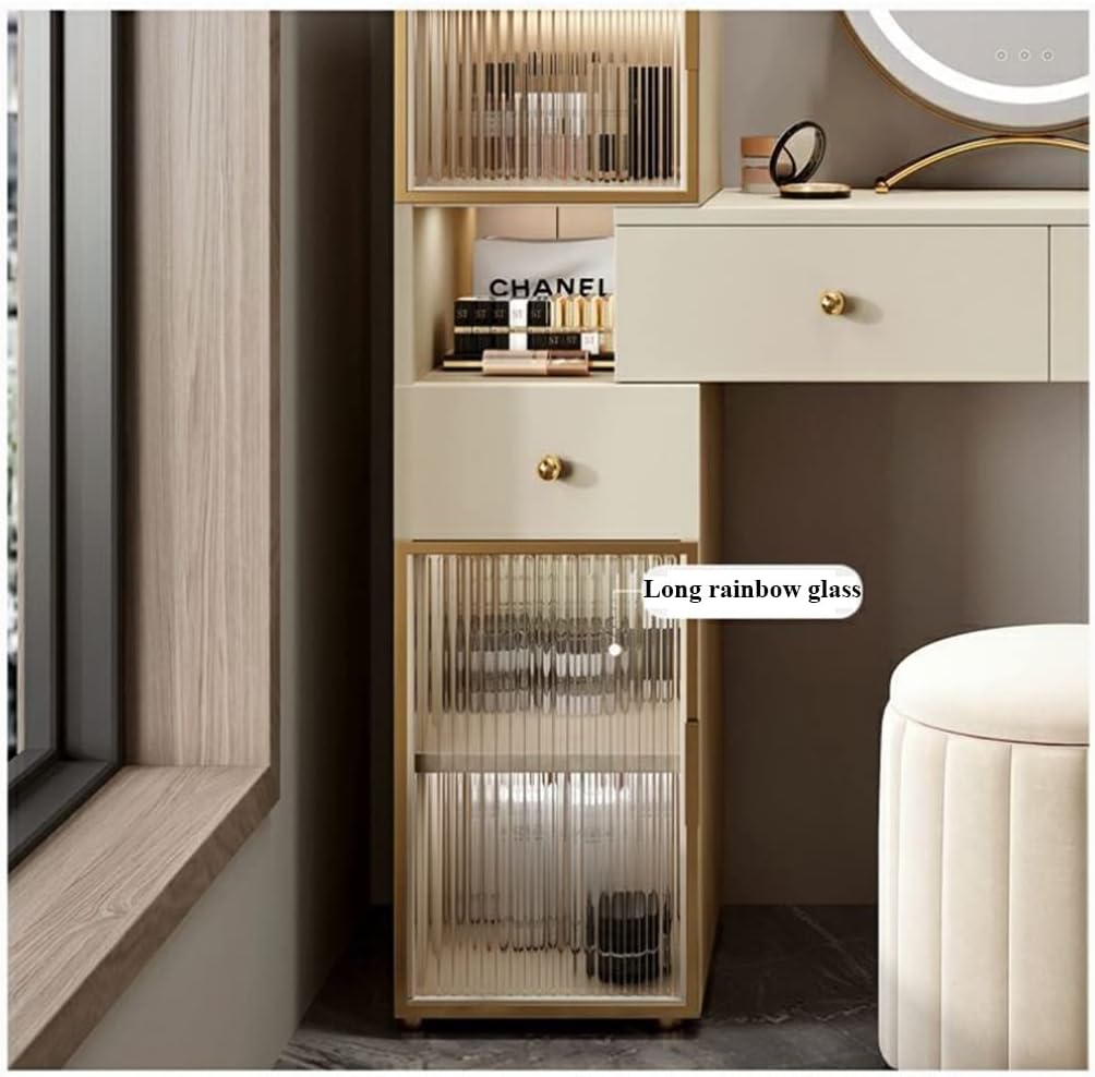 Mid-Century Modern Wood 3-Drawer Chest of Drawers with Guardrail Glass Cabinet Door Side Table, Narrow Dresser Storage Tower Stand, Bedroom Furniture (Left Cabinet 62~80x40x116.5cm) (Left Cabin