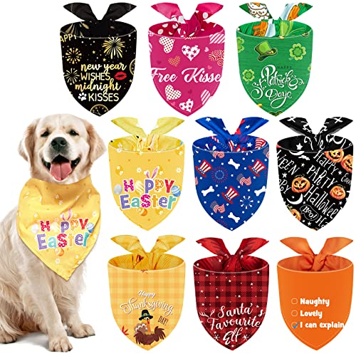 9 Pieces Holidays Dog Bandanas Easter Mardi Gras St. Patrick s Day Pets Bibs Dog Scarf Graduation Patriotic Birthday Shamrock Rainbow Summer Plaid Dog Bandanas Pet Festival Supply (Cute Pattern)