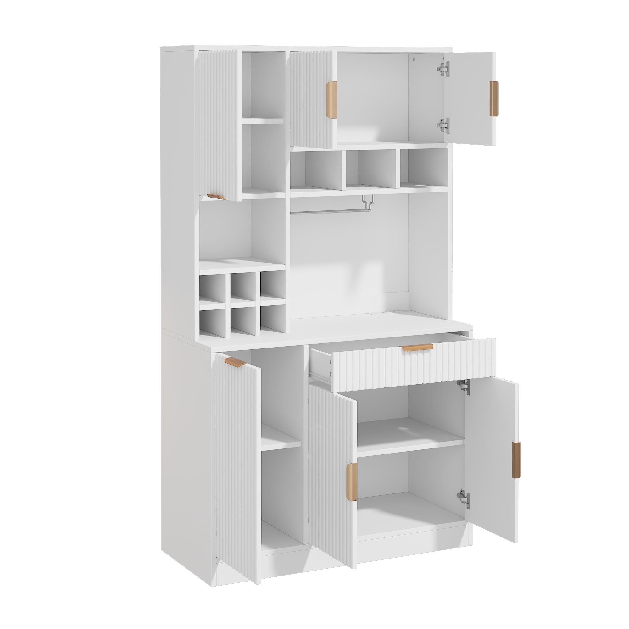 Armadietto alto per buffet, sala da pranzo, 100 x 40 x 175 cm, multilivello, ripiano per bicchieri da vino, portabottiglie, bianco