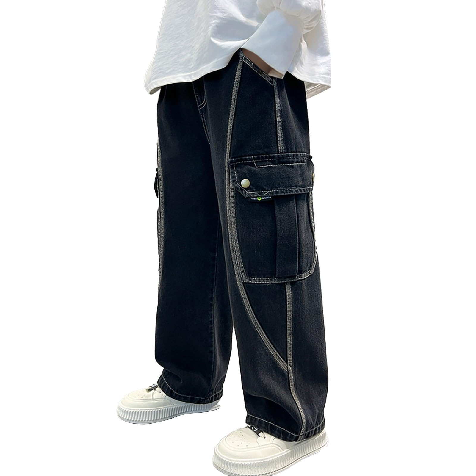 Genérico Vaqueros Niño 4-14 Años Baggy Pantalon Vaquero Adolescentes Chico Cintura Elastica Rectos Moda Y2K Streetwear Jeans Pantalones Vaqueros de Trabajo Denim Loose Primavera 2026
