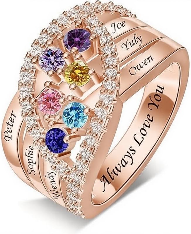 Multi-Stone (1-6 stones) 925 Sterling Silver/10K/14K/18K Gold Colored Personalized Birthstone Engraved Family Ring Jewelry Gifts