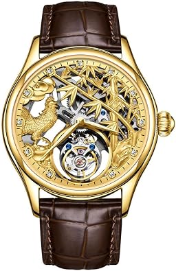 Flying Tourbillon Mechanical Hand Wind Wrist Watch Men Skeleton Diamond Dial Wristwatch Sapphire Double-Sided Hollow Clock Man Chinese Zodiac Chickens Pattern Meaning Beauty