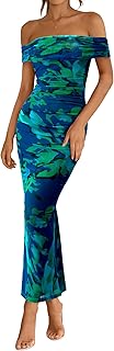 Off Shoulder Bodycon Dresses for Women 2025 Summer Ruched Split Mesh Cocktail Party Club Floral Maxi Dress - Buy now