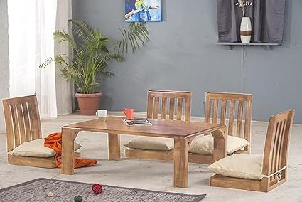 GHROYAL Sheesham Wood Japanese 4 Seater Dining Table Wooden Low Height Dinner Table for Living Room Home and Restaurant (Stone Finish)