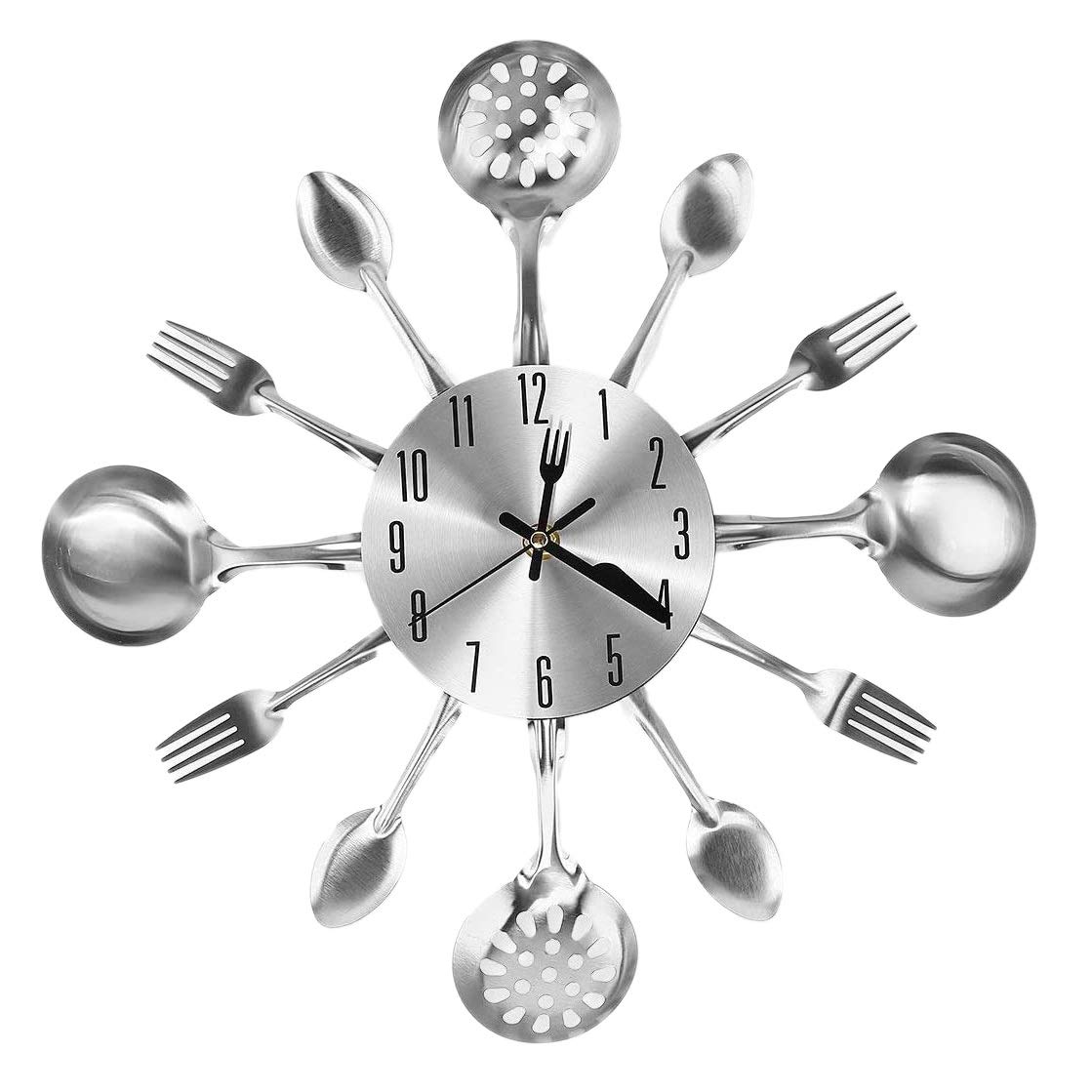 CTRLZS Metal Kitchen Cutlery Wall Clock 14 Inch with Fork Spoon 3D Non Ticking Quartz Watch Clock for Bedroom Home Decor,Silver