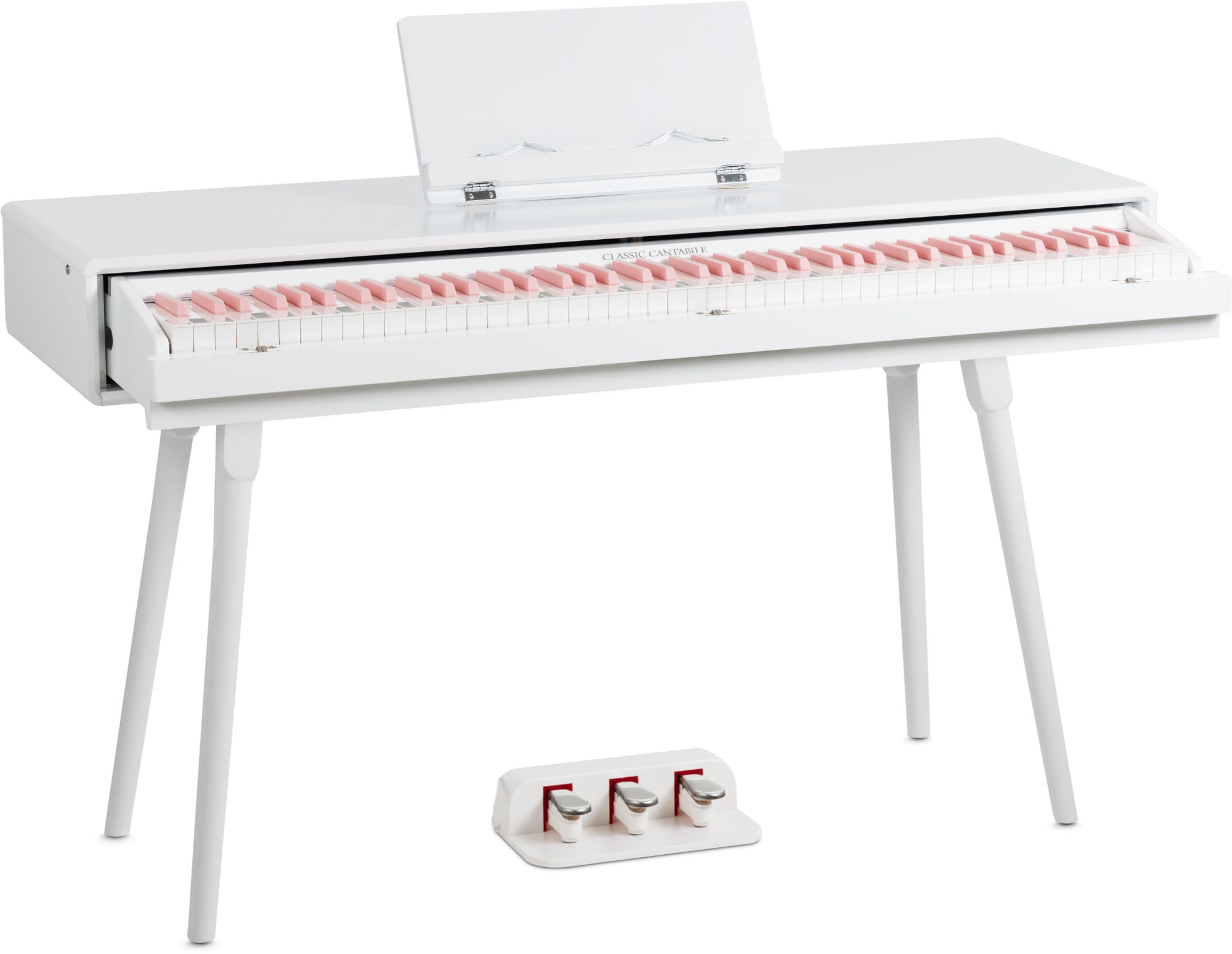 Classic Cantabile DP-730 WP Piano digital set - 88 teclas ponderadas acción de martillo - Mesa teclado piano elèctrico incorporado - Con porta notas y pedalera - USB MIDI - Blanco mate y teclas rosas