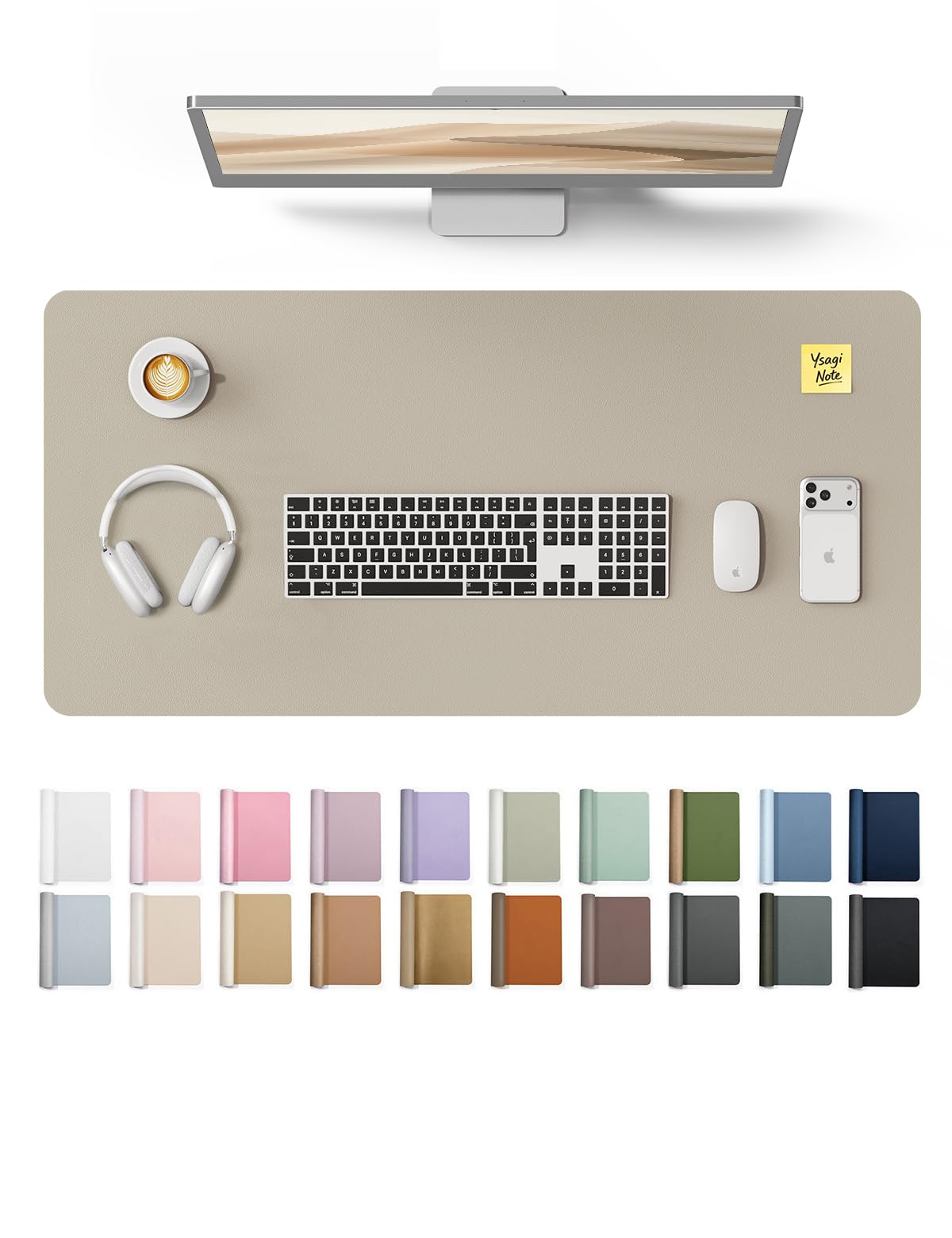 YSAGi Leather Desk Pad Protector, Office Desk Mat, Large Mouse Pad, Non-Slip PU Leather Desk Blotter, Laptop Desk Pad, Waterproof Desk Writing Pad for Office and Home (Olive Beige, 35.4" x 17")