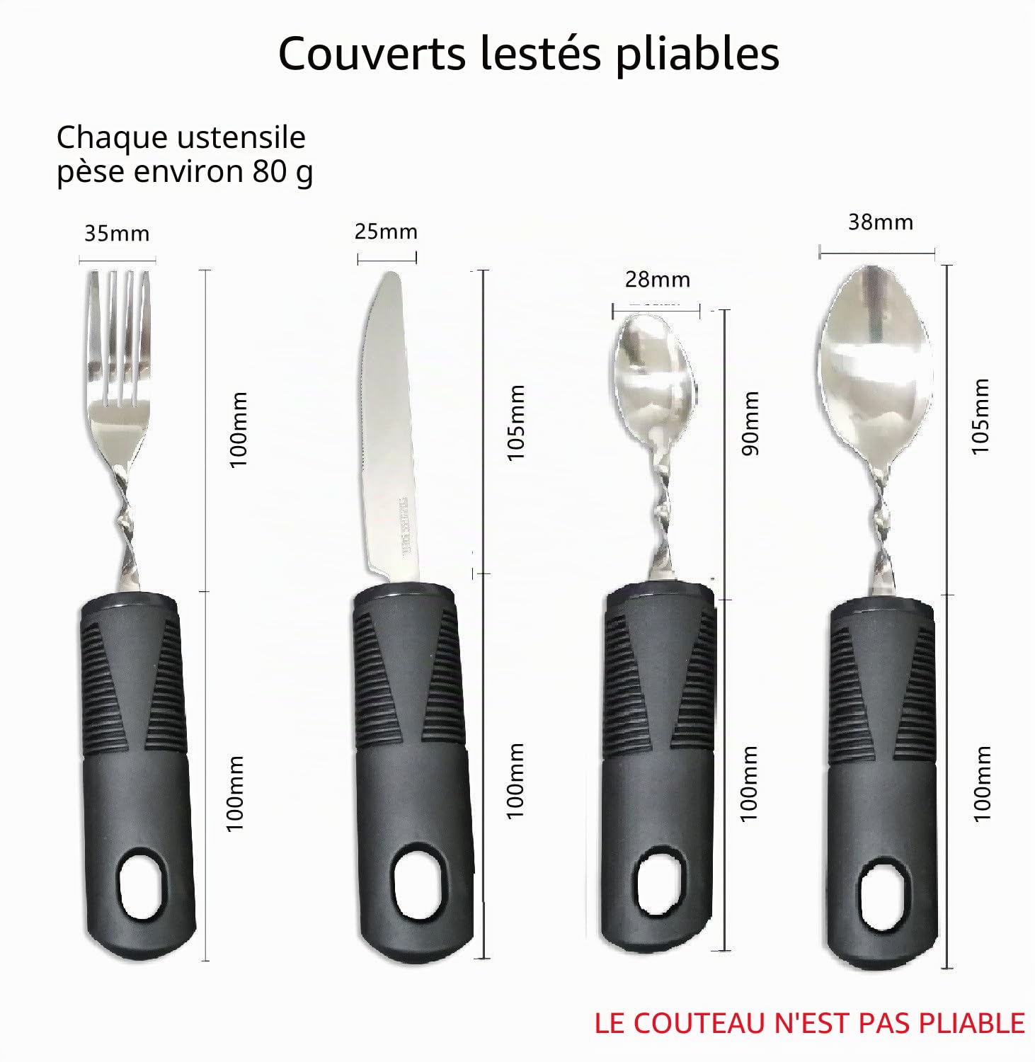 Ensemble de couverts pliables avec poignées extra larges et en main Aide à la salle à manger idéale pour les personnes âgées souffrant d'arthrite, de maladie de Parkinson et de tremblements