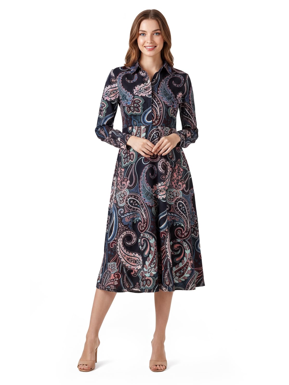 Shirt Collar Dress for Women | Western A-Line Midi Cotton Blend Dress | Stylish Full Sleeve Short Dress-image-37