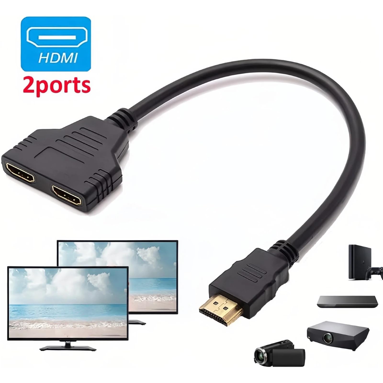 Mâle vers - Adattatore splitter HDMI per monitor, 2 in 1 out, doppio connettore HDMI 1080P, doppia uscita, 30 cm, cavo di collegamento per monitor HDTV, proiettore LCD