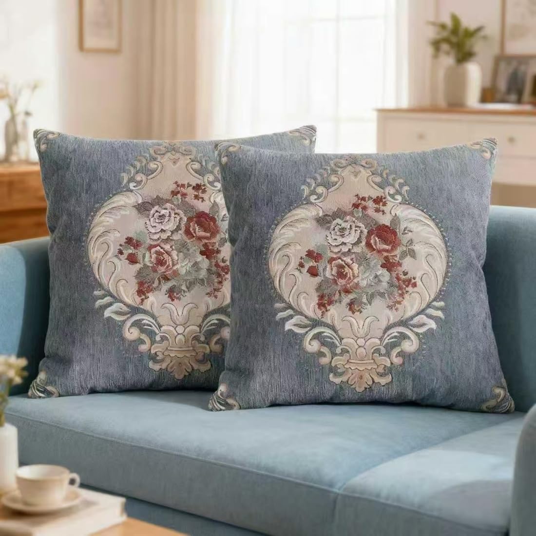 Set di 2 federe per cuscini ricamate vintage per divano, federe per cuscini Euro Sham per soggiorno (blu)