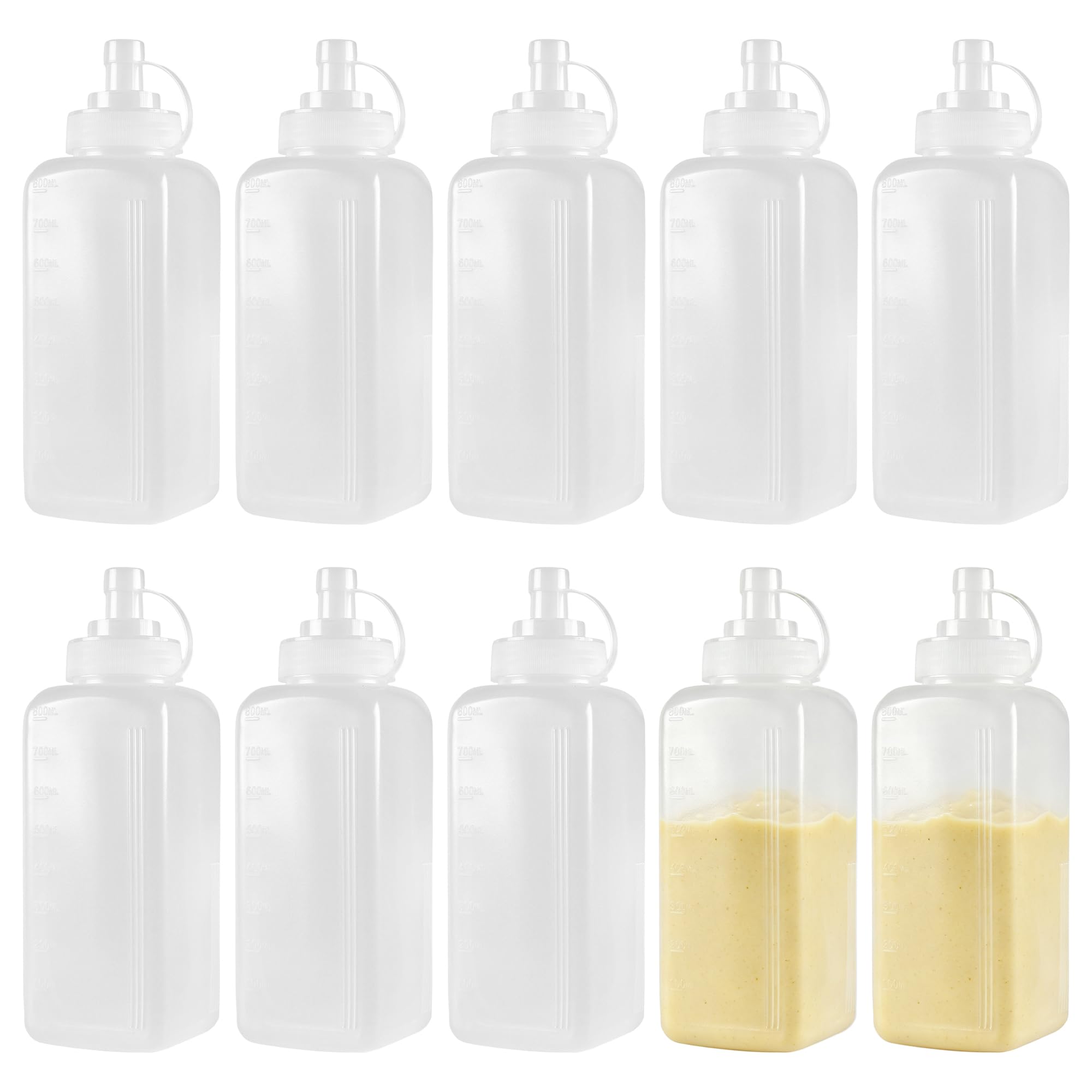 10 botellas de plástico de 793.8 g, botella de condimentos recargables con boquilla y medidas, botellas de salsa transparentes para salsas, ensalada de ketchup