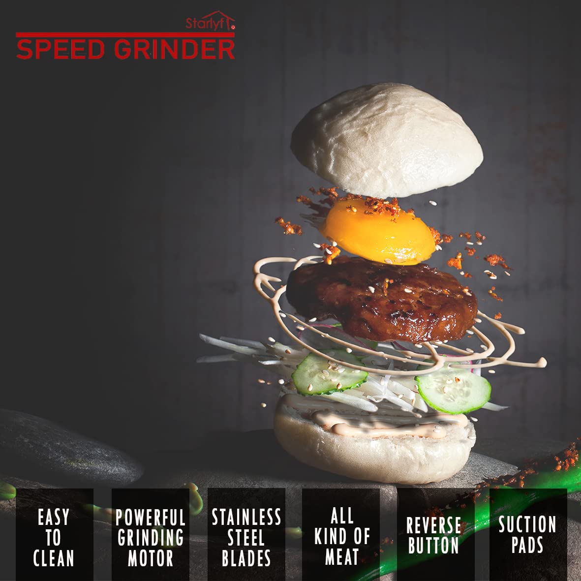 Starlyf Speed Grinder – Tritacarne Elettrico Compatto e Potente per Carne Macinata, Hamburger, Polpette, Polpettone, Salsicce, Uso Domestico