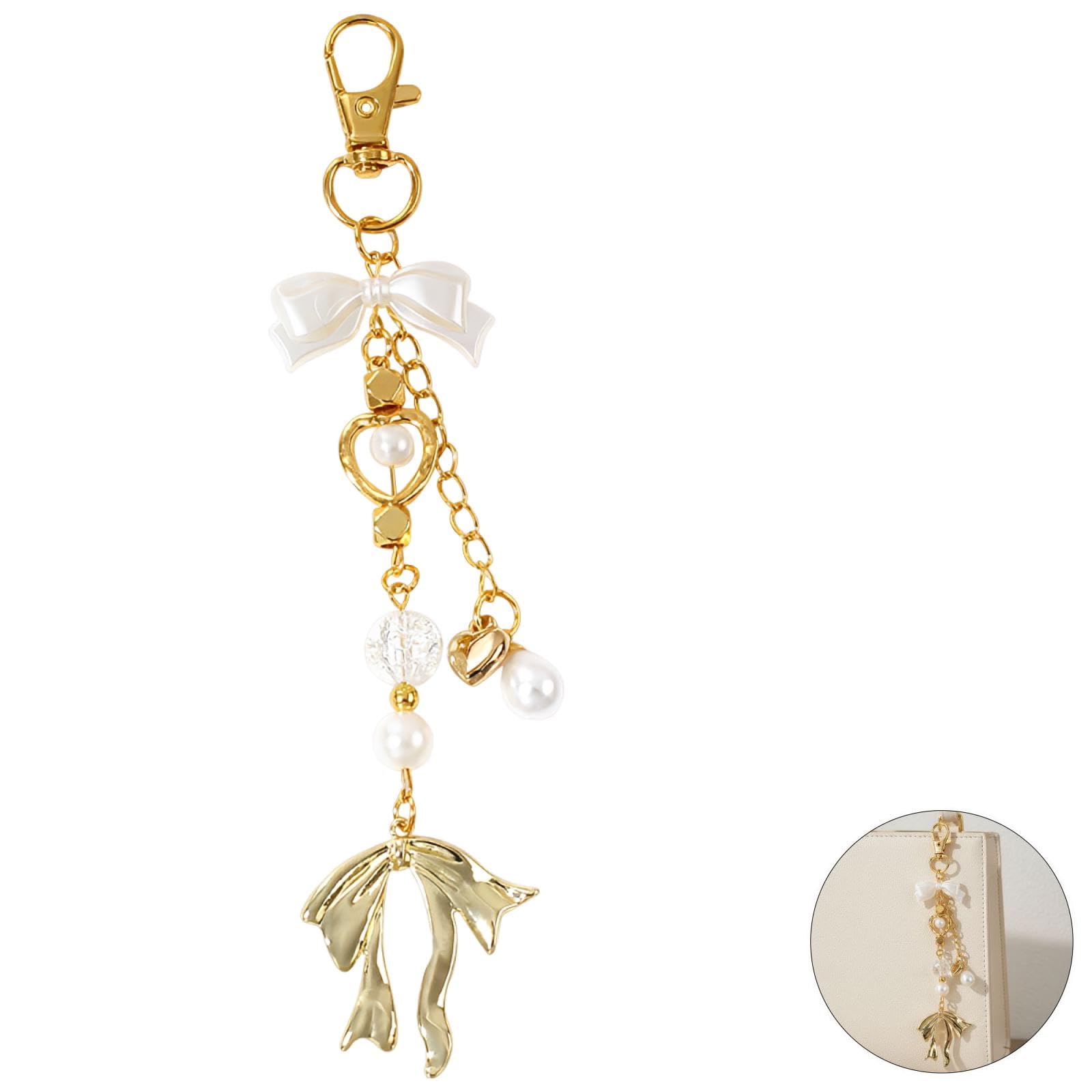 6 Stk. Goldene Perlen-Schleifen-Schlüsselanhänger-Set, 14,3 cm Metall-Charm-Zubehör mit Stahlring, Organzasäckchen, 9,5 x 4,5 cm Kraftanhänger, Gastgeschenke für Hochzeit, Valentinstag, Brautparty