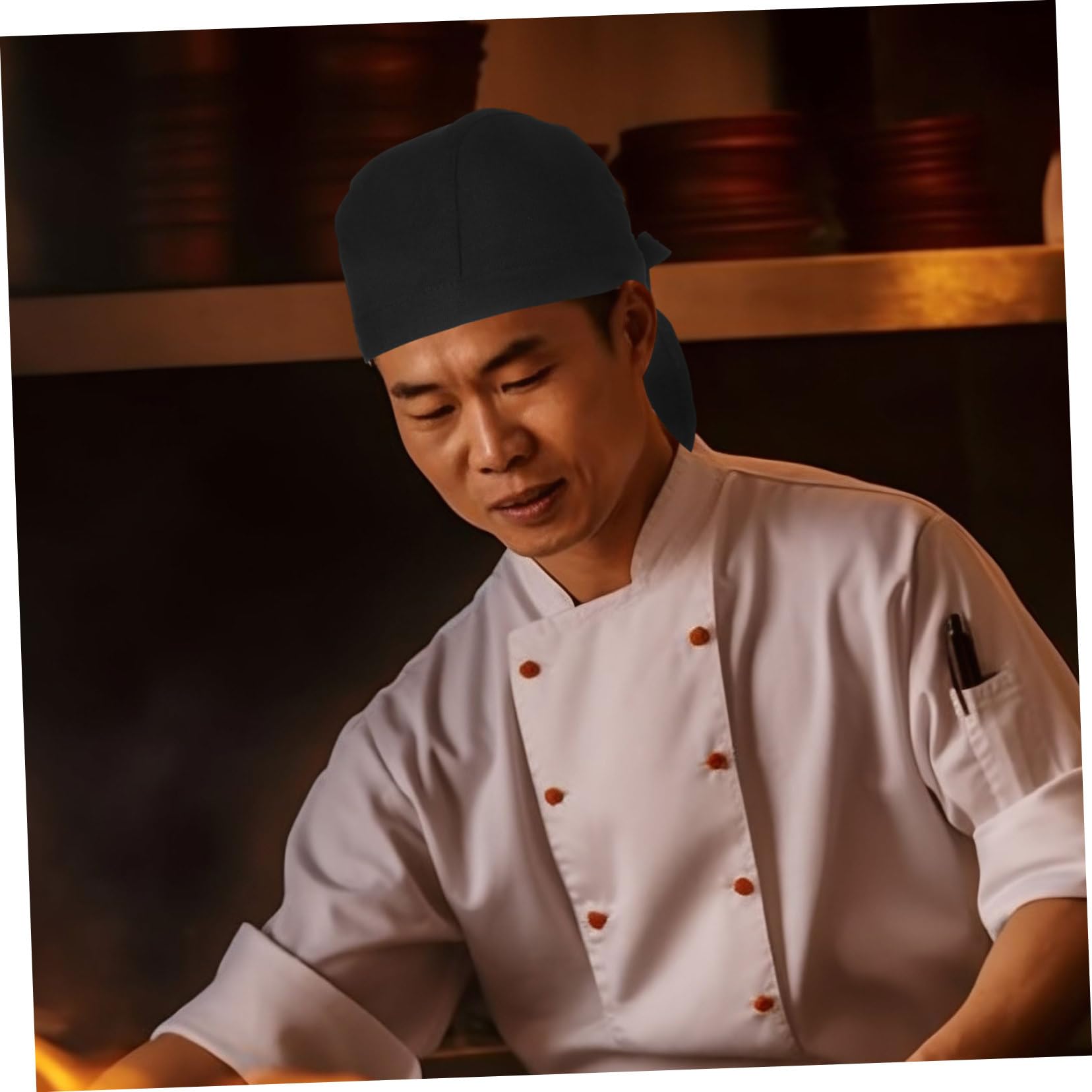 FRCOLOR 6 Gorros de Chef Unisex de Tela de Algodón Negro con Lazos, para Cocina en Restaurante o Pub, Que Protegen del Aceite y Adaptan al Cuero Cabelludo