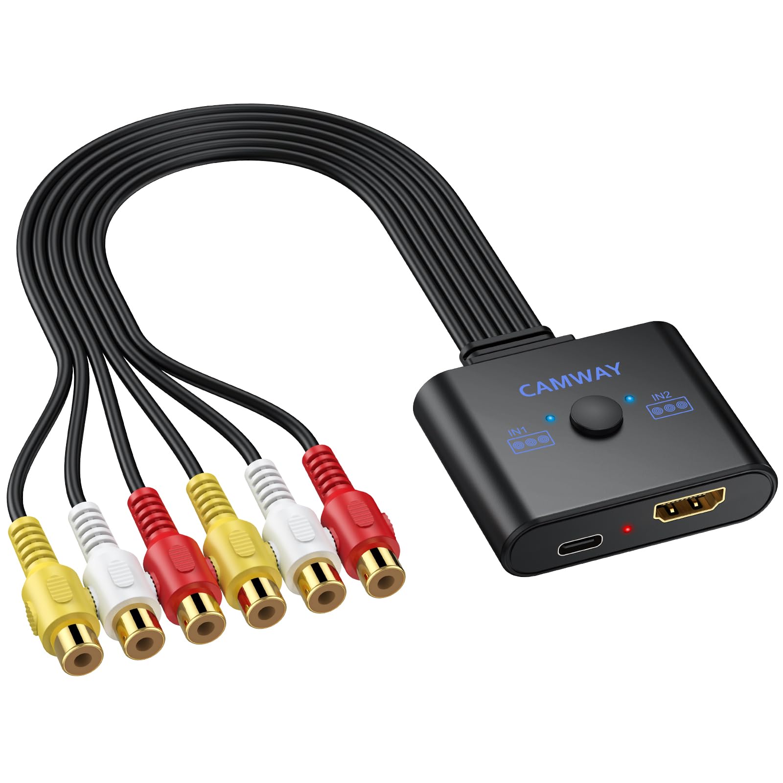 CAMWAY 2 Port RCA to HDMI Converter - 16:9/4:3 Conversion 1080P AV to HDMI Adapter for Wii/PS1/PS2/N64/X-box/DVD/VCR/VHS,Mini Composite CVBS Audio Video Adapter Supports PAL/NTSC with RCA HDMI Cable
