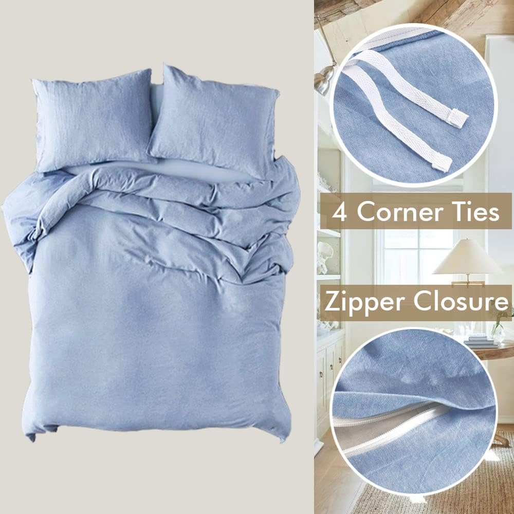 ATsense Duvet Cover King Size, 100% Washed Cotton Linen Feel Super Soft Comfortable, 3-Piece Denim Blue Duvet Cover Bedding Set, Durable and Easy Care, Simple Style Farmhouse Comforter Cover King 104x90 Denim Blue