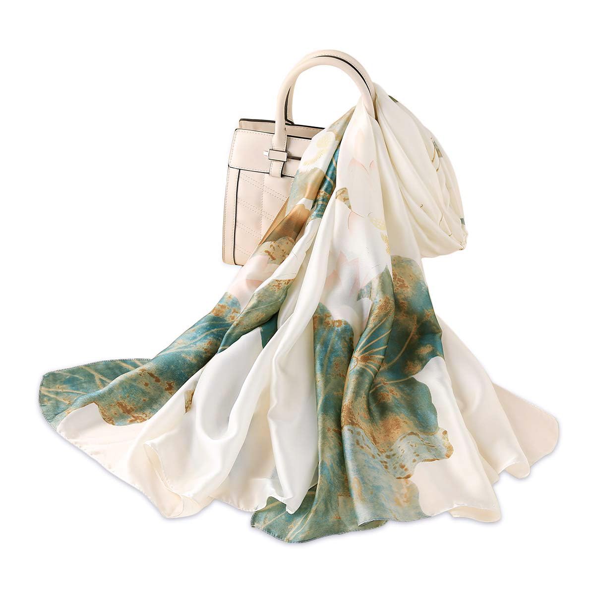Lumisyne Women's White Silk Scarves Artistic Ink And Wash Painting Elegant Floral Printed Long Shawl Soft Wrap Sunscreen Shawl All Season