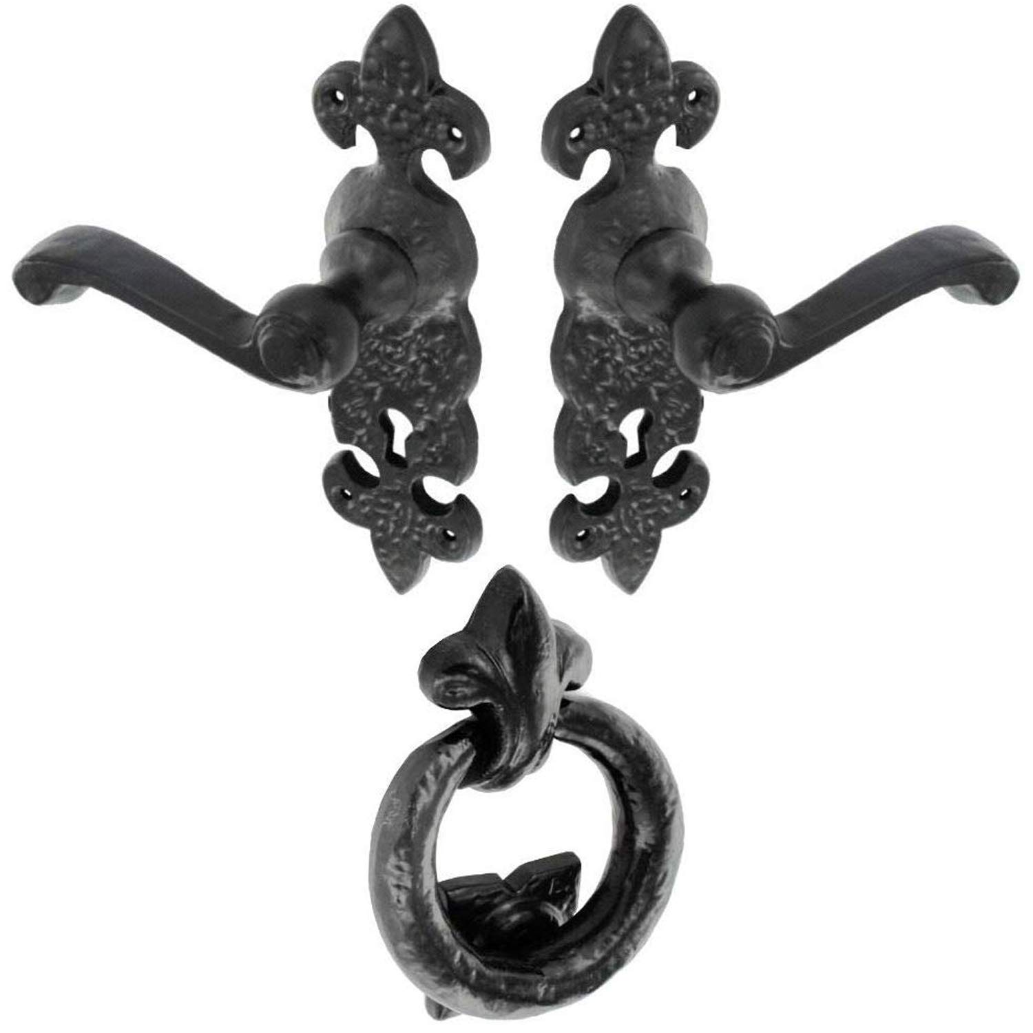 (Pack Of 1) Dzina Fleur De Lys Lever Lock Door Handle & Ring Door Knocker Set, Antique Black 5057670086945