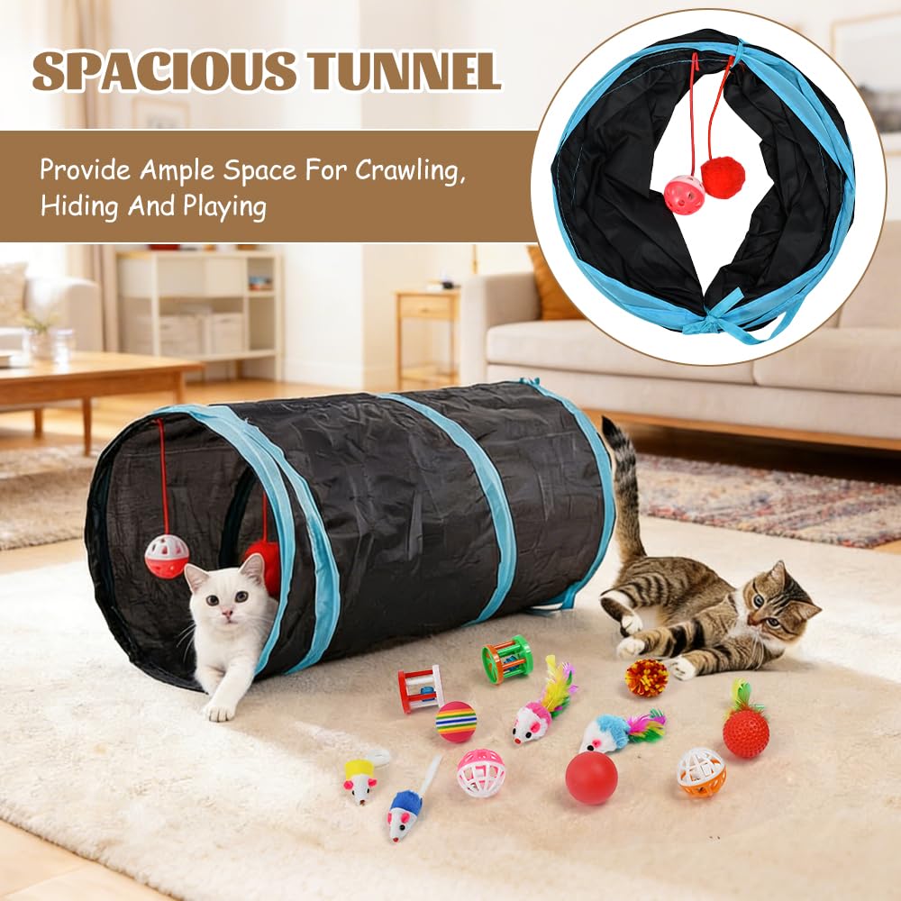 Set di Giocattoli per Gatti con Tunnel,22 Pz Giochi per Gattini,Gioco Gatto da Interno Set con Topi,Bacchetta di Piume Palline e Campane ecc per Gattini, Cuccioli